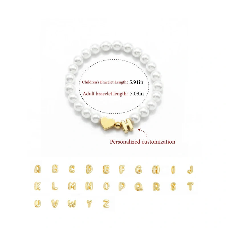 Personalized Mom & Kids Pearl Initial Bracelet – Matching Mother Daughter Bracelet with Heart Charm