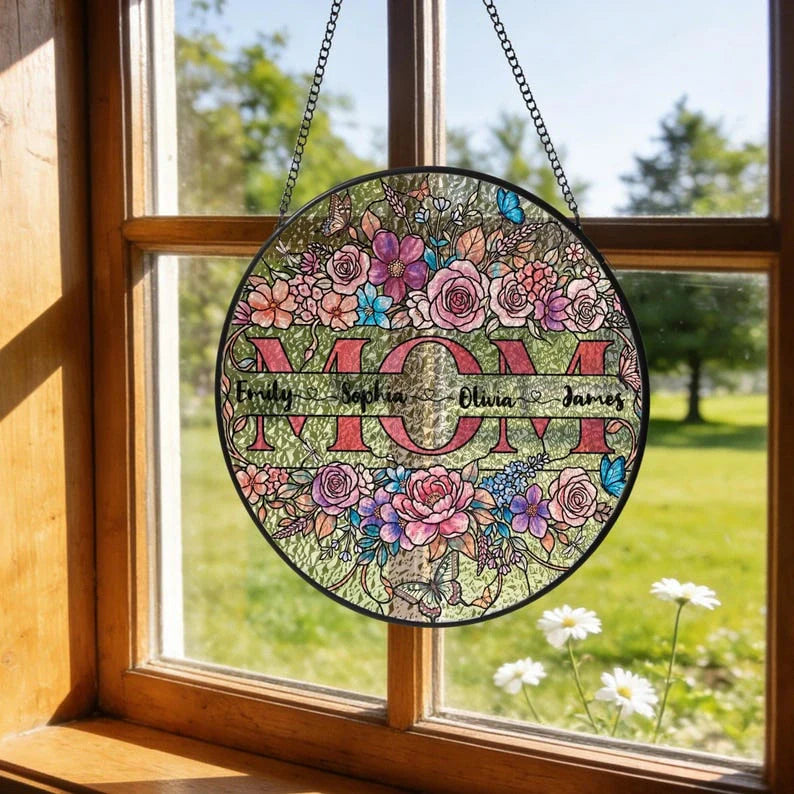 Personalized Mom Suncatcher – Custom Name Floral Stained Glass Window Hanging | Mother’s Day Gift for Mom