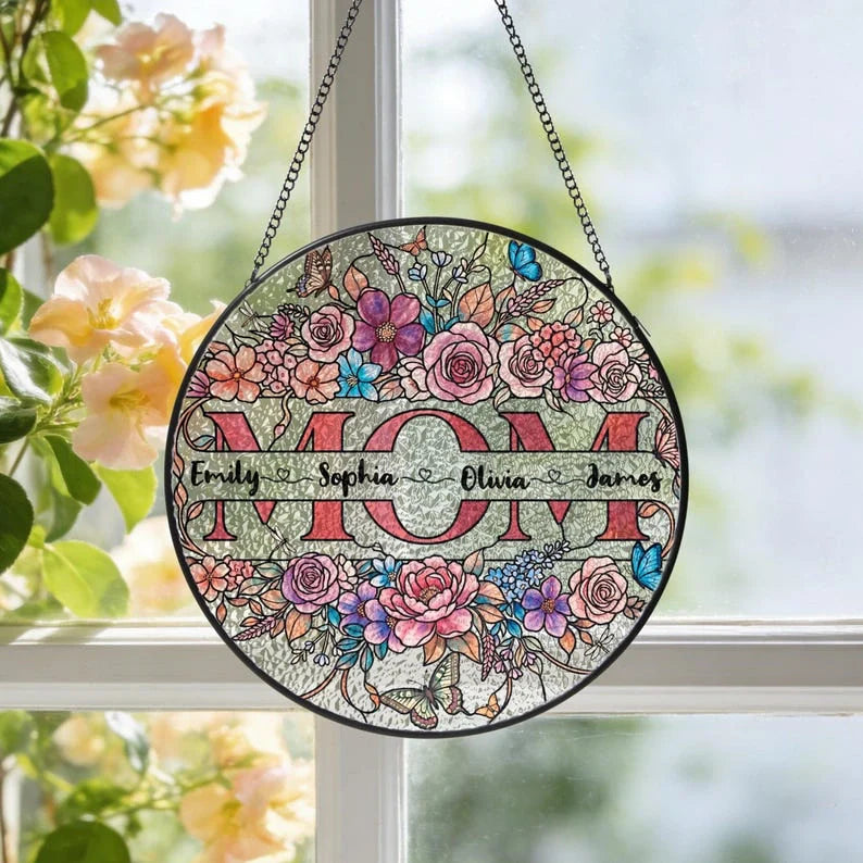 Personalized Mom Suncatcher – Custom Name Floral Stained Glass Window Hanging | Mother’s Day Gift for Mom