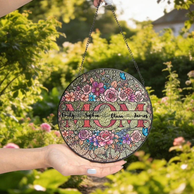 Personalized Mom Suncatcher – Custom Name Floral Stained Glass Window Hanging | Mother’s Day Gift for Mom