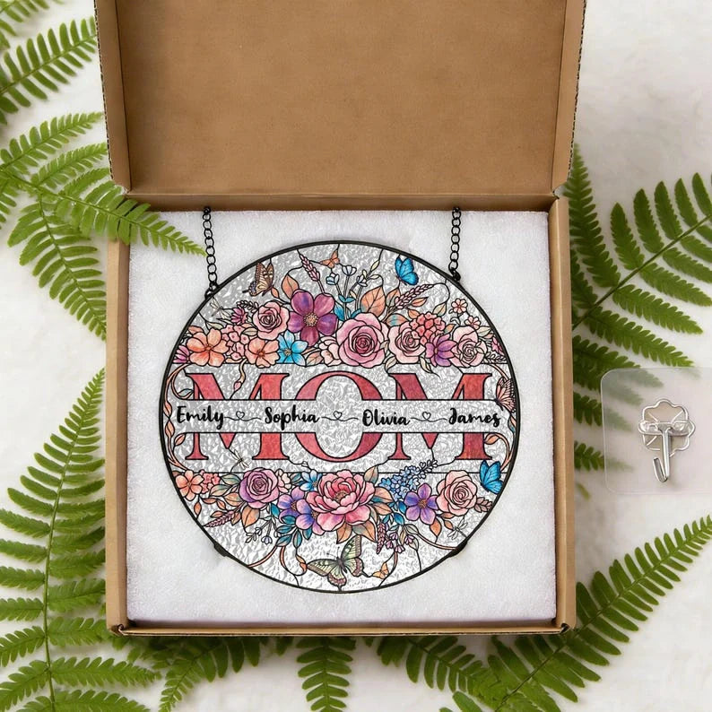 Personalized Mom Suncatcher – Custom Name Floral Stained Glass Window Hanging | Mother’s Day Gift for Mom