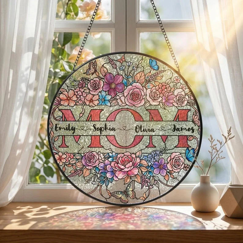 Personalized Mom Suncatcher – Custom Name Floral Stained Glass Window Hanging | Mother’s Day Gift for Mom
