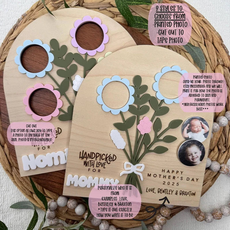Personalized Mother’s Day Flower Photo Sign – Custom Wooden Bouquet Photo Frame Gift for Mom or Grandma