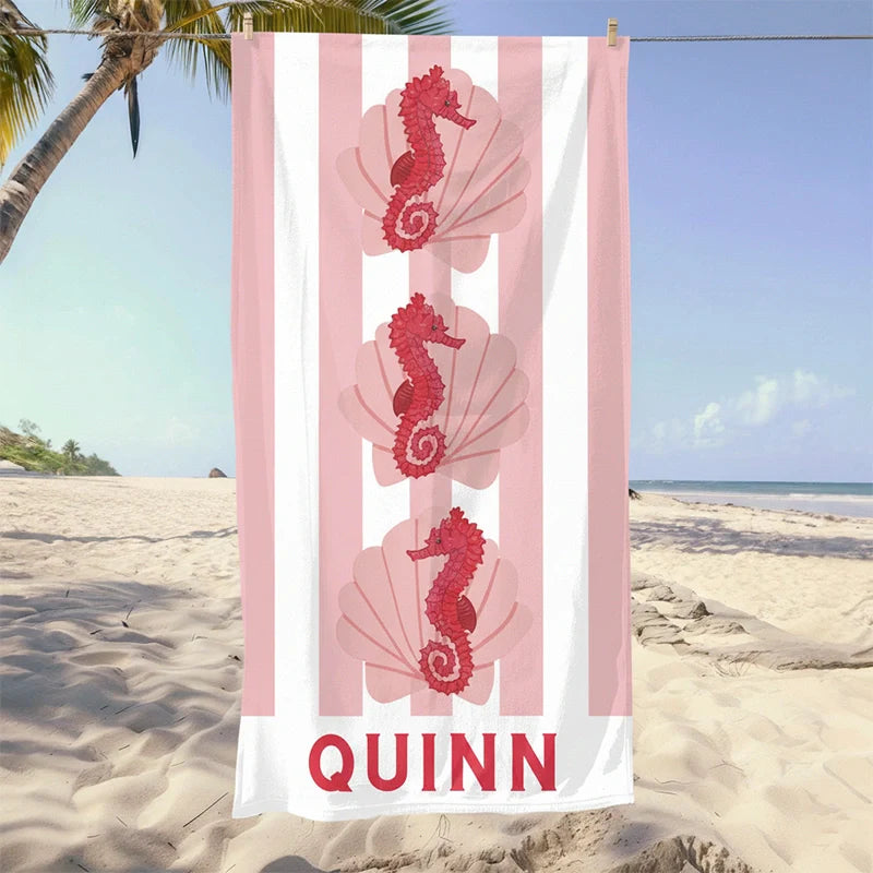 Personalized Nautical Kids Beach Towel with Name – Sea Animal Striped Pool Towel Gift