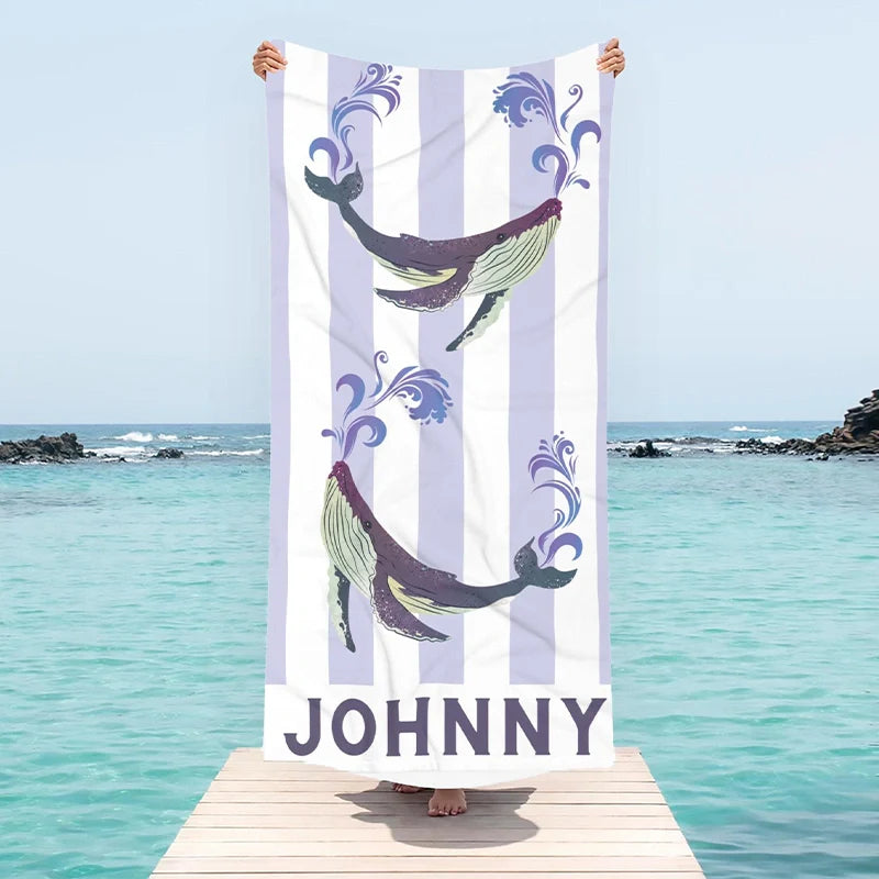 Personalized Nautical Kids Beach Towel with Name – Sea Animal Striped Pool Towel Gift