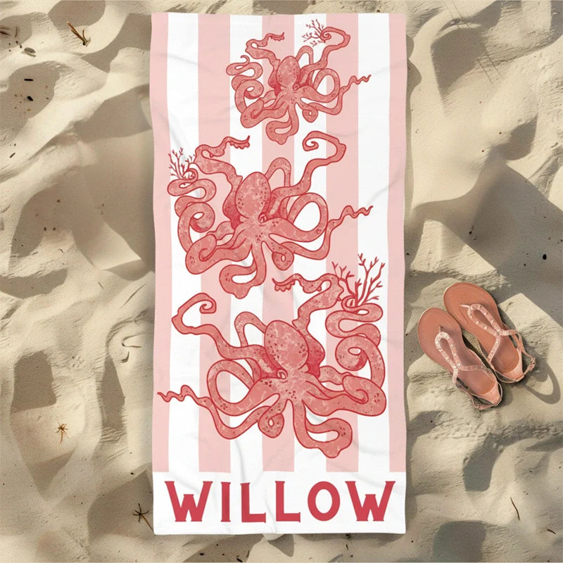 Personalized Nautical Kids Beach Towel with Name – Sea Animal Striped Pool Towel Gift