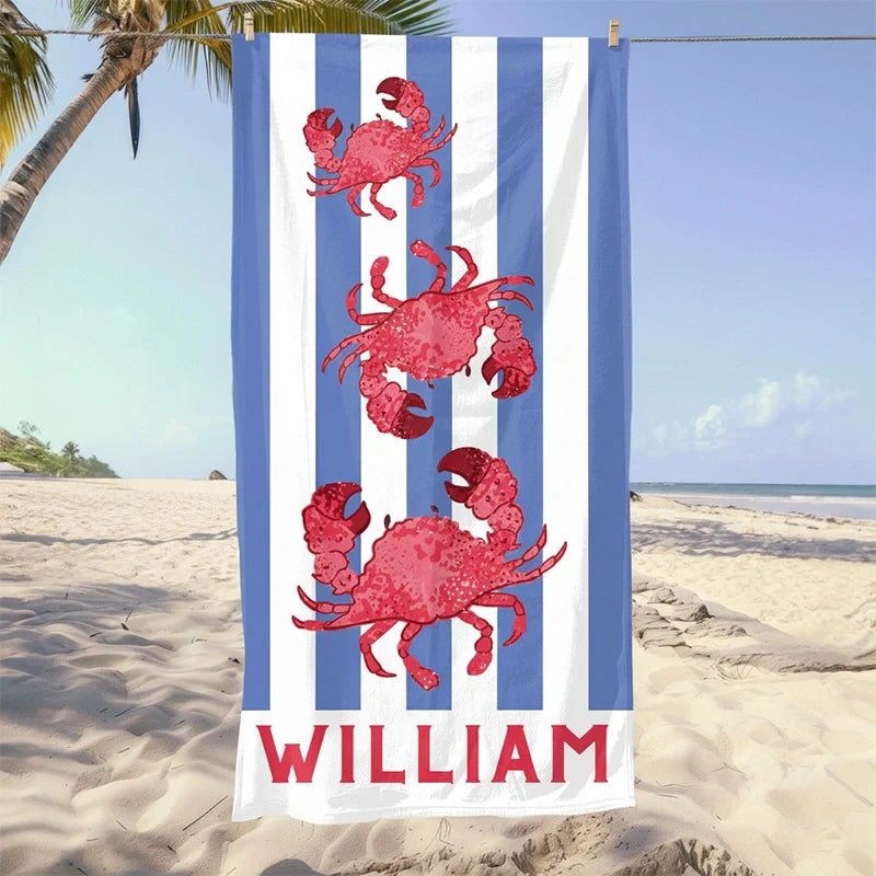 Personalized Nautical Kids Beach Towel with Name – Sea Animal Striped Pool Towel Gift