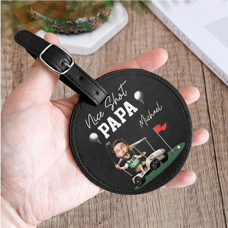 Personalized “Nice Shot Daddy” Photo Leather Golf Bag Tag – Custom Picture Gift for Golf Lovers