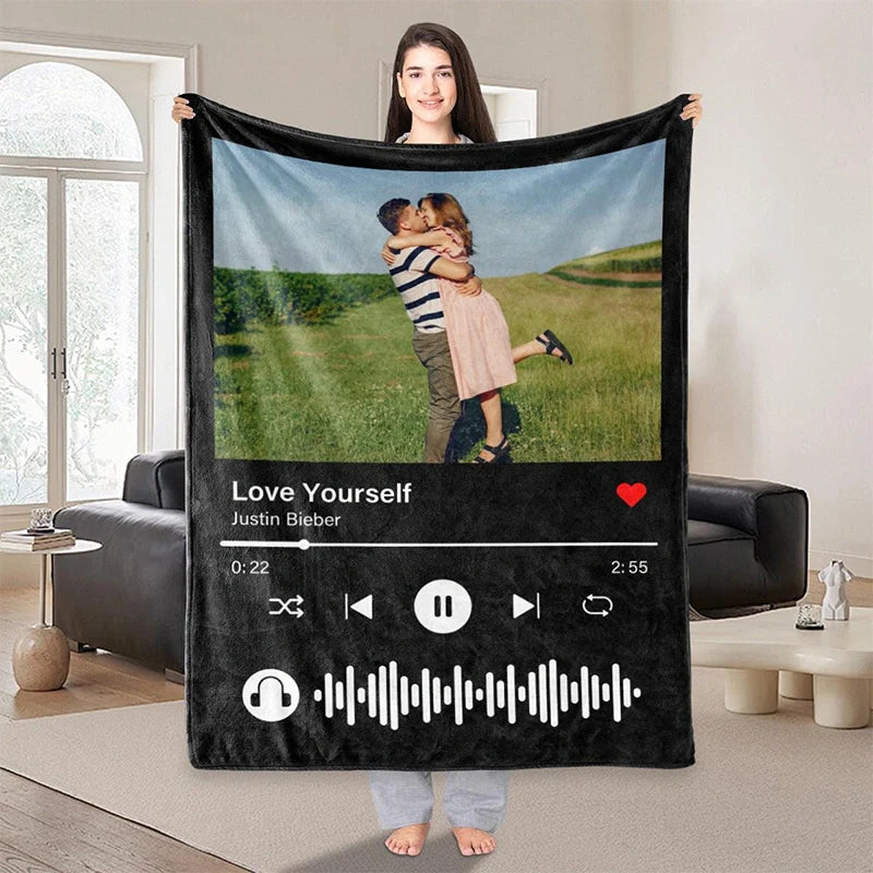 Personalized Photo & Song Blanket – Custom Minky Blanket for Couples, Valentine’s Day & Anniversary Gift