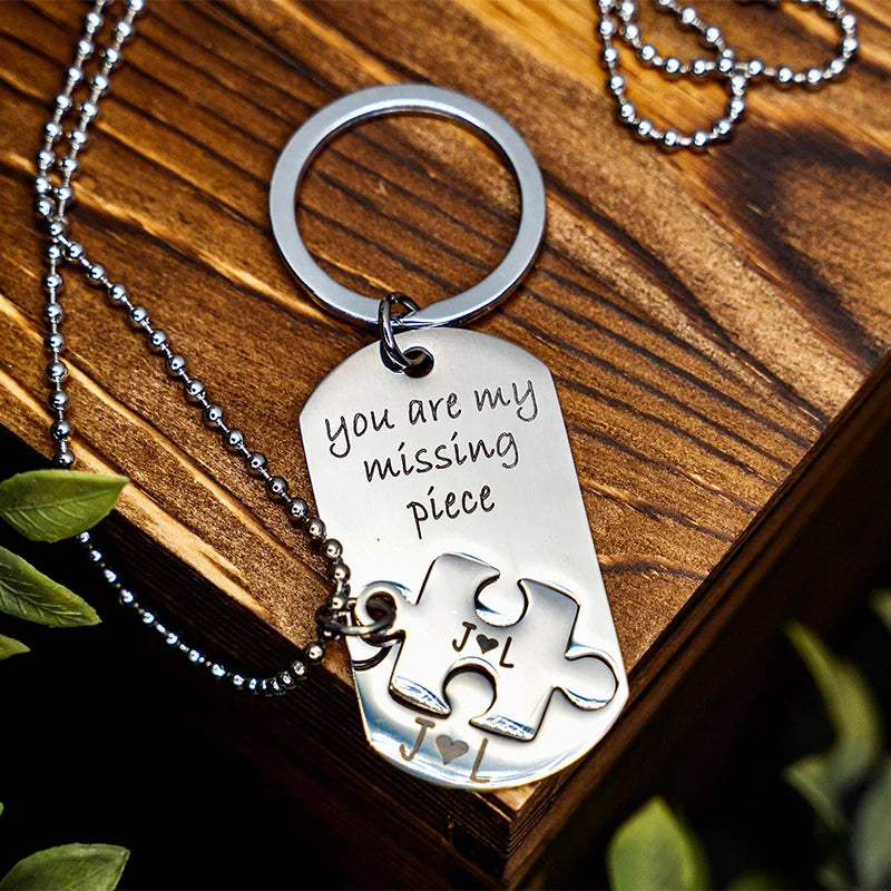 Personalized Puzzle Piece Keychain & Necklace Set – You Are My Missing Piece Couple Gift