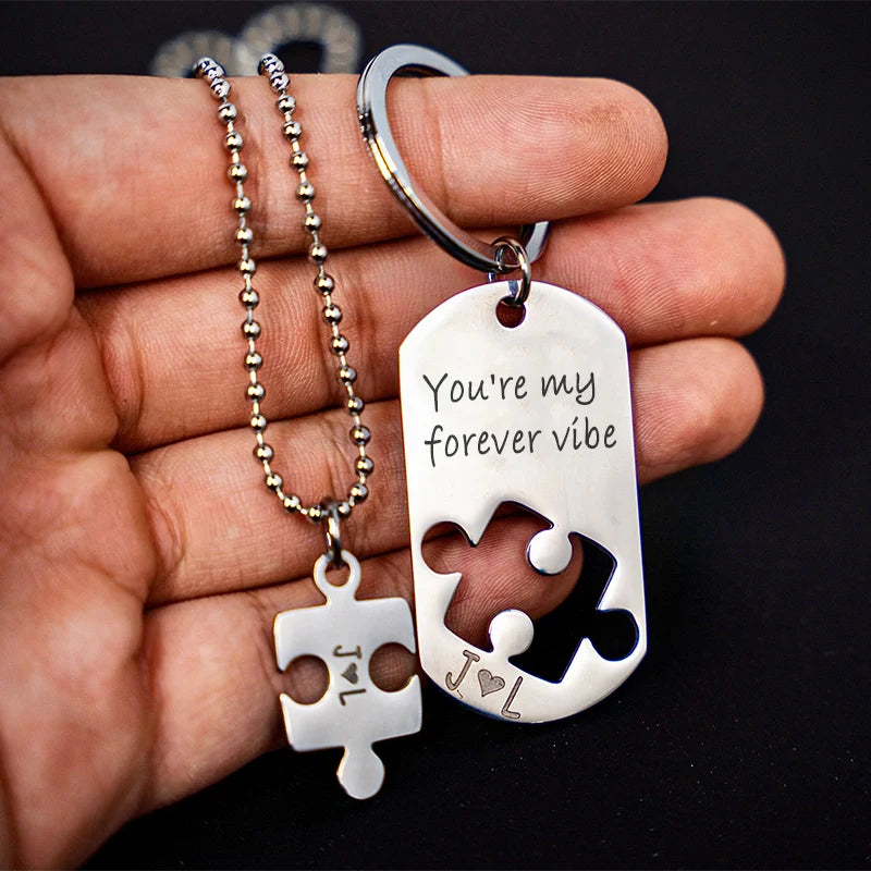 Personalized Puzzle Piece Keychain & Necklace Set – You Are My Missing Piece Couple Gift