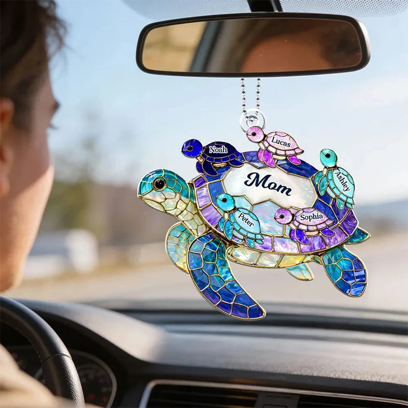 Personalized Sea Turtle Car Hanger for Mom/Grandma – Custom Family Names Acrylic Ornament | Mother’s Day Gift