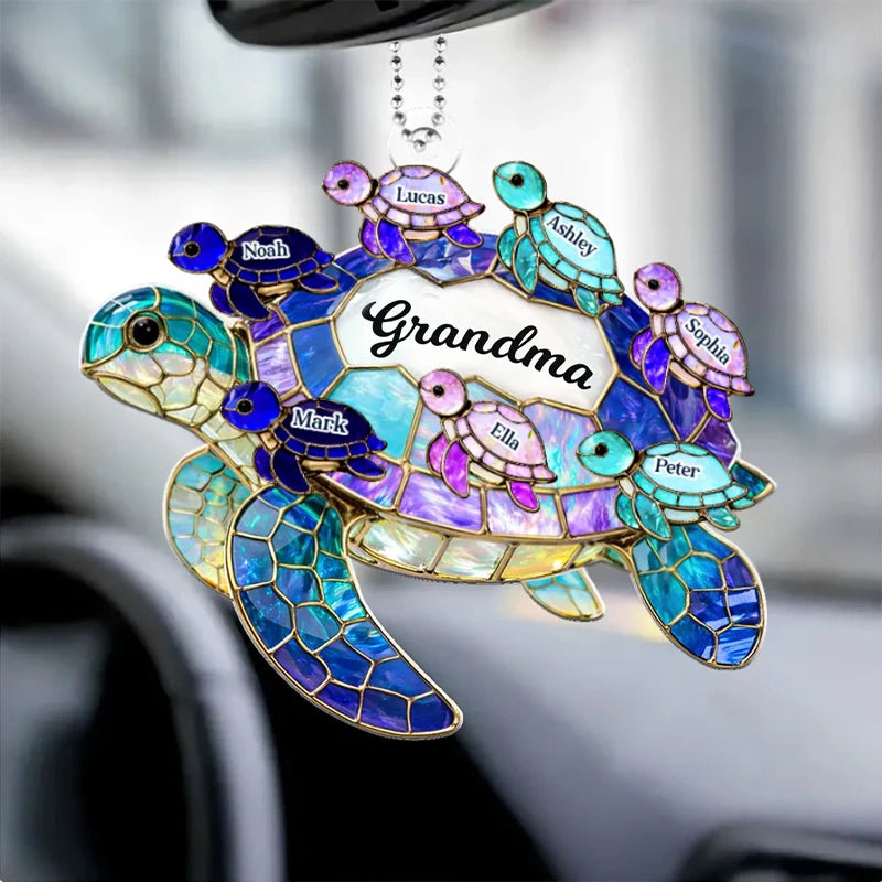 Personalized Sea Turtle Car Hanger for Mom/Grandma – Custom Family Names Acrylic Ornament | Mother’s Day Gift