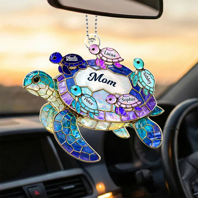 Personalized Sea Turtle Car Hanger for Mom/Grandma – Custom Family Names Acrylic Ornament | Mother’s Day Gift