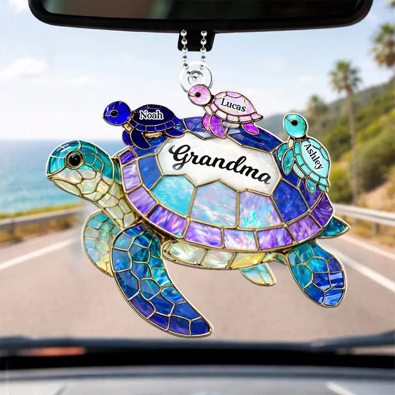 Personalized Sea Turtle Car Hanger for Mom/Grandma – Custom Family Names Acrylic Ornament | Mother’s Day Gift