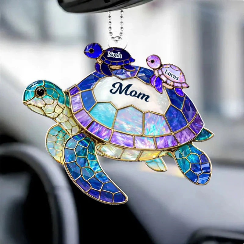 Personalized Sea Turtle Car Hanger for Mom/Grandma – Custom Family Names Acrylic Ornament | Mother’s Day Gift
