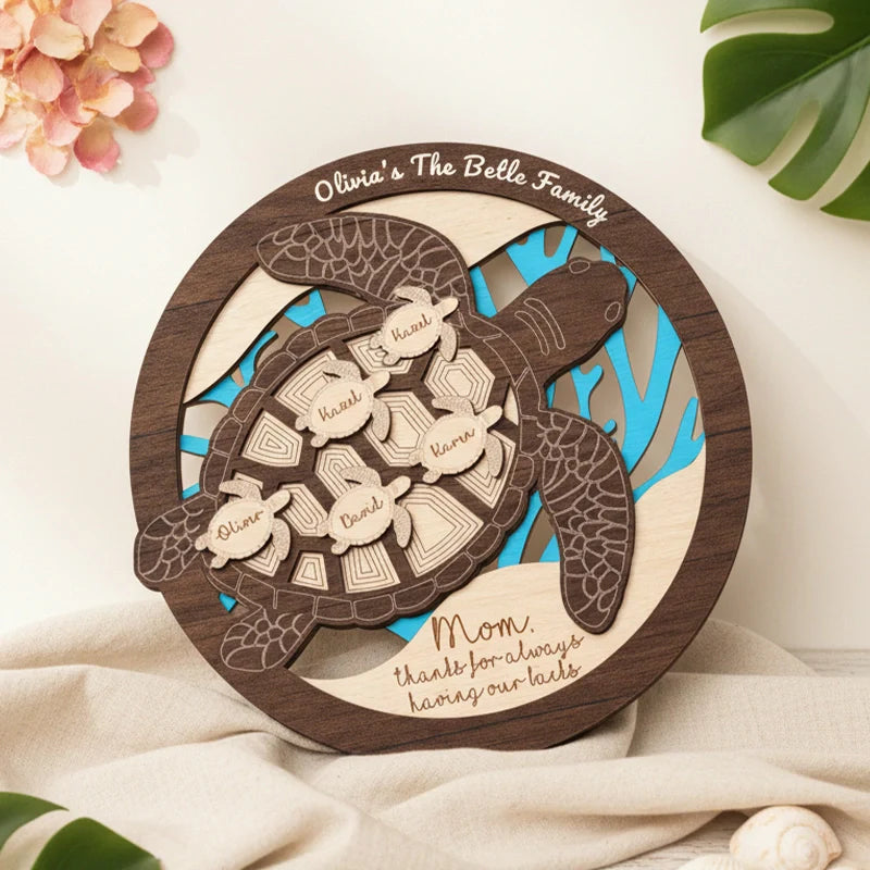 Personalized Sea Turtle Family Wooden Sign – Custom Mom & Grandma Name Sign | Mother’s Day Gift