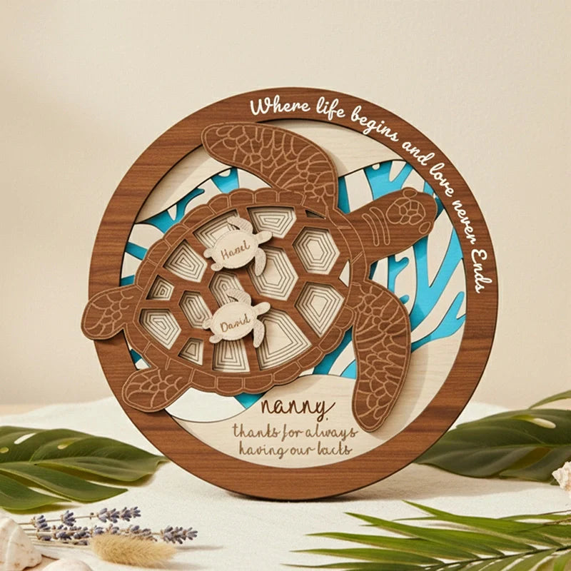 Personalized Sea Turtle Family Wooden Sign – Custom Mom & Grandma Name Sign | Mother’s Day Gift