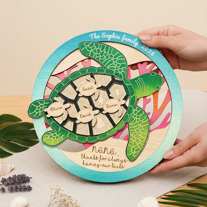 Personalized Sea Turtle Family Wooden Sign – Custom Mom & Grandma Name Sign | Mother’s Day Gift