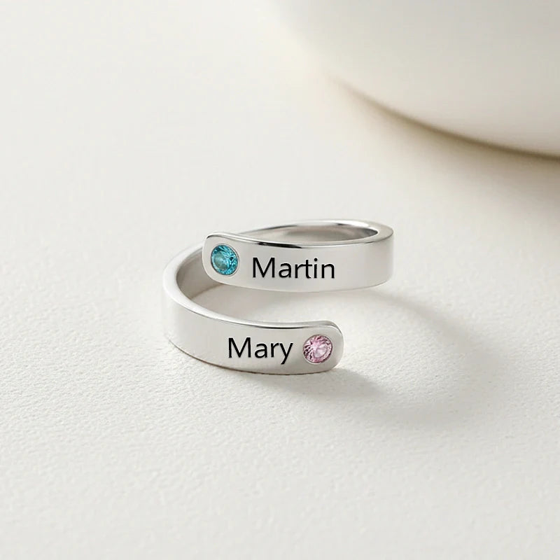 Personalized Spiral Twist Ring with 2 Birthstones