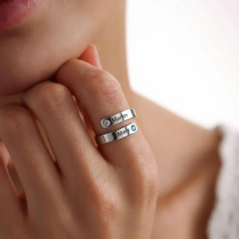 Personalized Spiral Twist Ring with 2 Birthstones