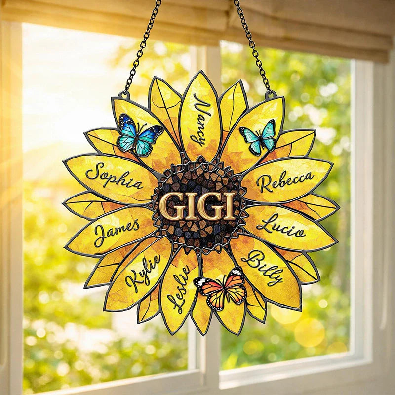 Personalized Sunflower Suncatcher with Family Names – Custom Window Hanging Gift for Mom & Grandma | Mother’s Day Decor