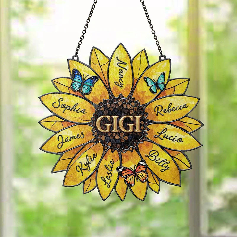 Personalized Sunflower Suncatcher with Family Names – Custom Window Hanging Gift for Mom & Grandma | Mother’s Day Decor