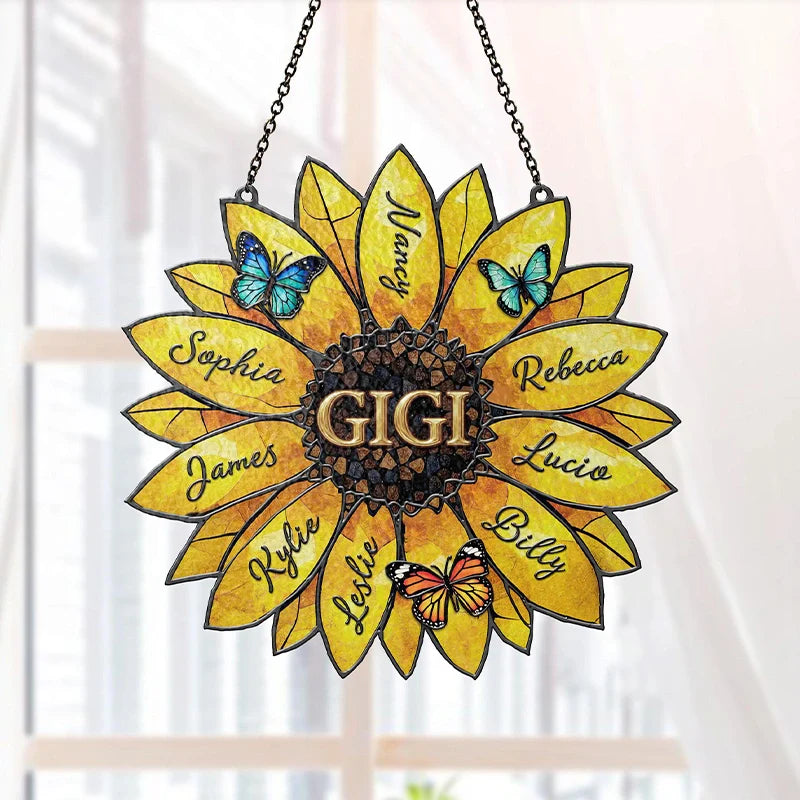 Personalized Sunflower Suncatcher with Family Names – Custom Window Hanging Gift for Mom & Grandma | Mother’s Day Decor