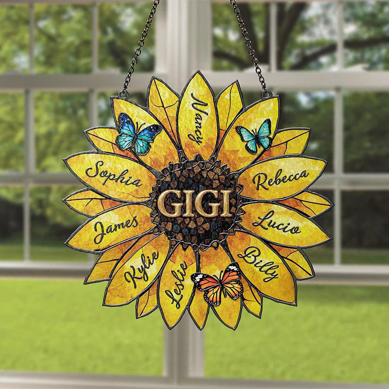 Personalized Sunflower Suncatcher with Family Names – Custom Window Hanging Gift for Mom & Grandma | Mother’s Day Decor
