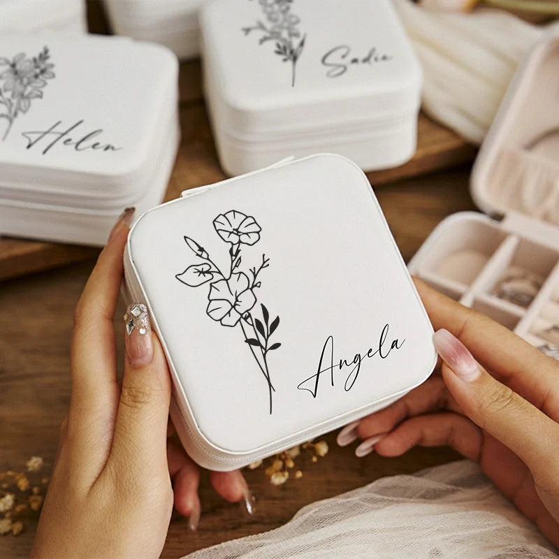 Personalized Travel Jewelry Box – Custom Birth Flower Jewelry Organizer, Bridesmaid Gift for Sister & Friend, Small PU Leather Earring Case