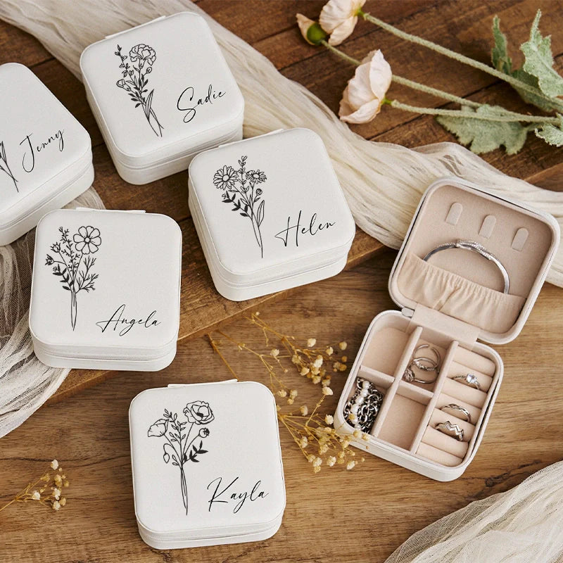 Personalized Travel Jewelry Box – Custom Birth Flower Jewelry Organizer, Bridesmaid Gift for Sister & Friend, Small PU Leather Earring Case
