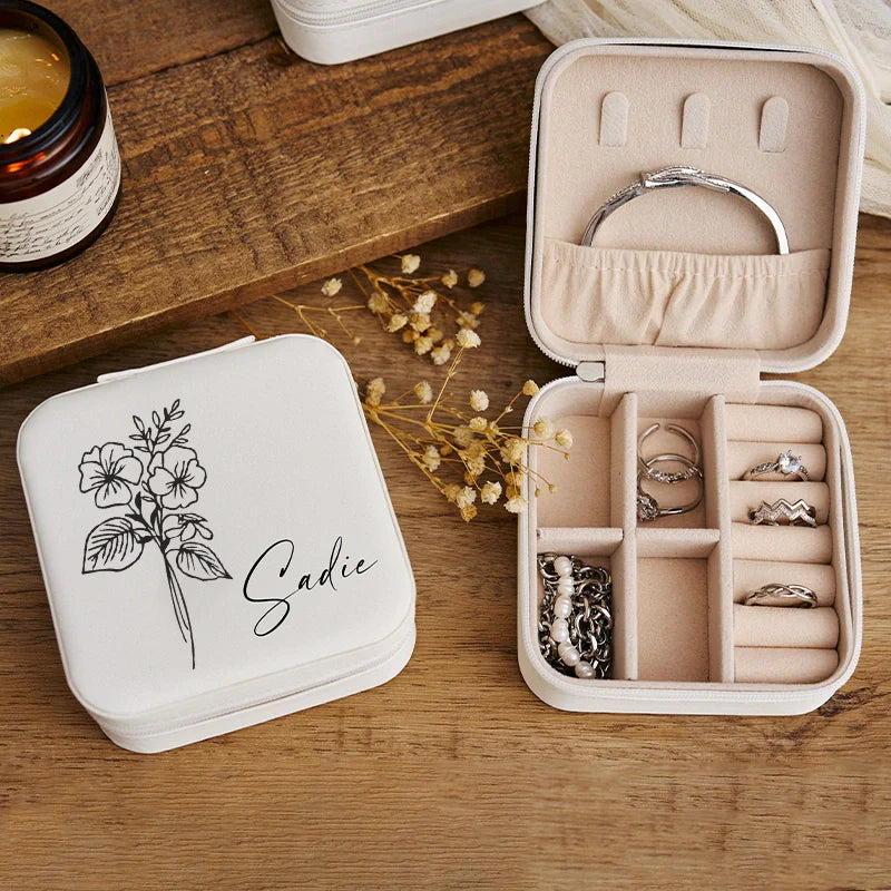 Personalized Travel Jewelry Box – Custom Birth Flower Jewelry Organizer, Bridesmaid Gift for Sister & Friend, Small PU Leather Earring Case
