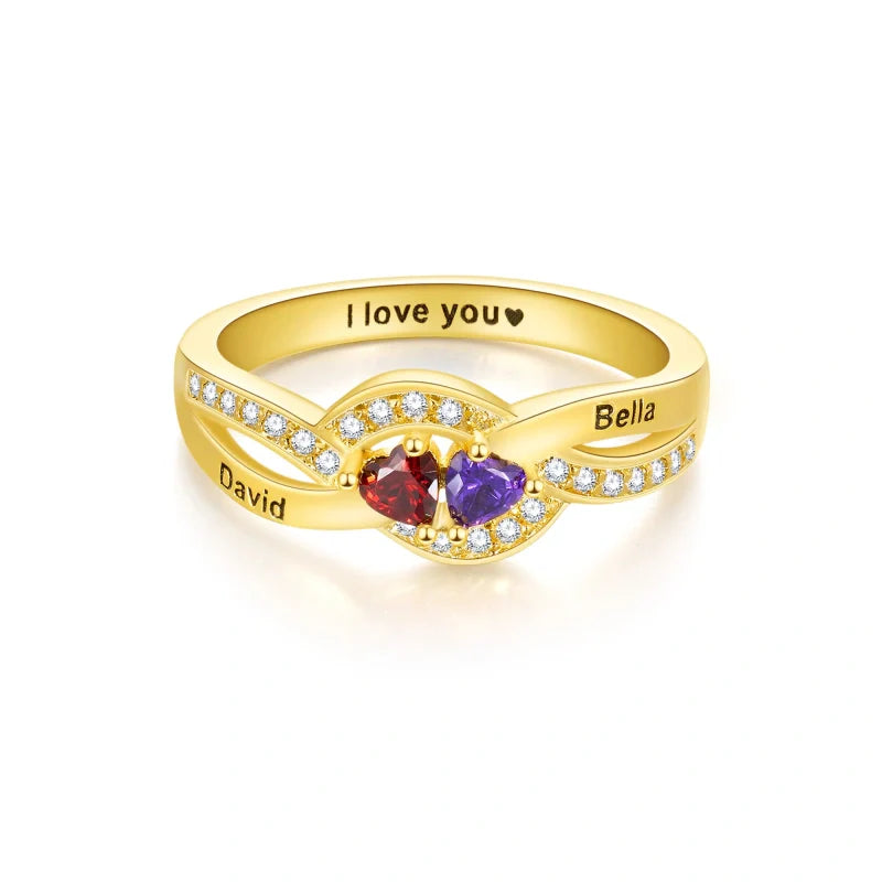 Personalized Twisted Band Ring with Names & Heart Birthstones – Custom Mom Ring | Mother’s Day Gift for Her