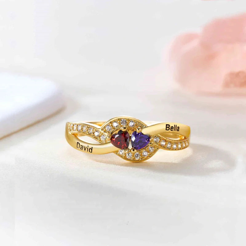 Personalized Twisted Band Ring with Names & Heart Birthstones – Custom Mom Ring | Mother’s Day Gift for Her