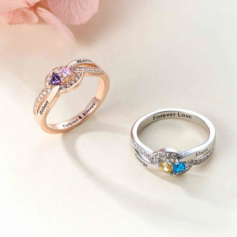 Personalized Twisted Band Ring with Names & Heart Birthstones – Custom Mom Ring | Mother’s Day Gift for Her