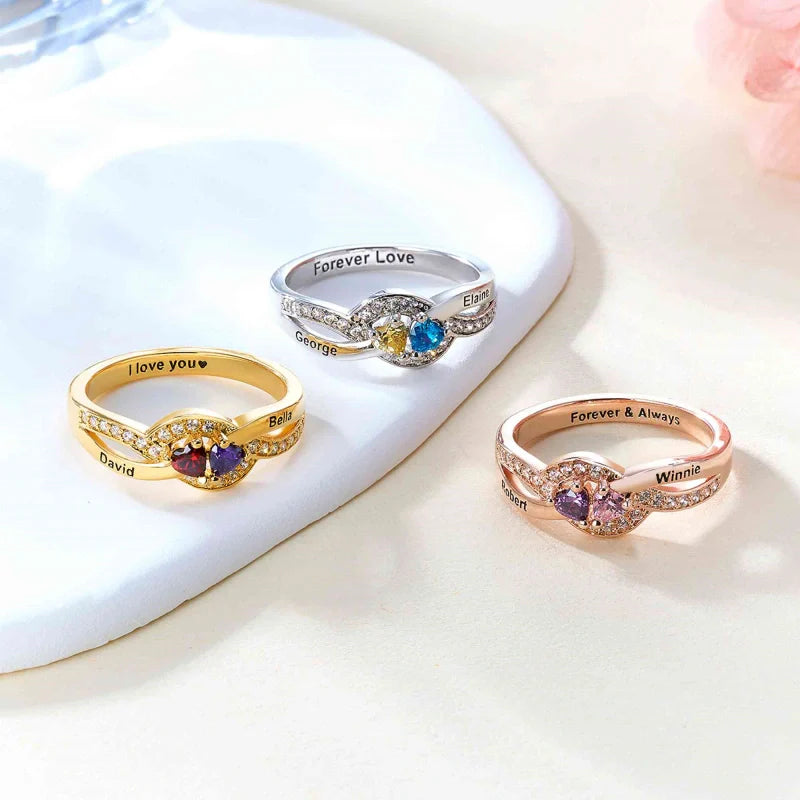 Personalized Twisted Band Ring with Names & Heart Birthstones – Custom Mom Ring | Mother’s Day Gift for Her