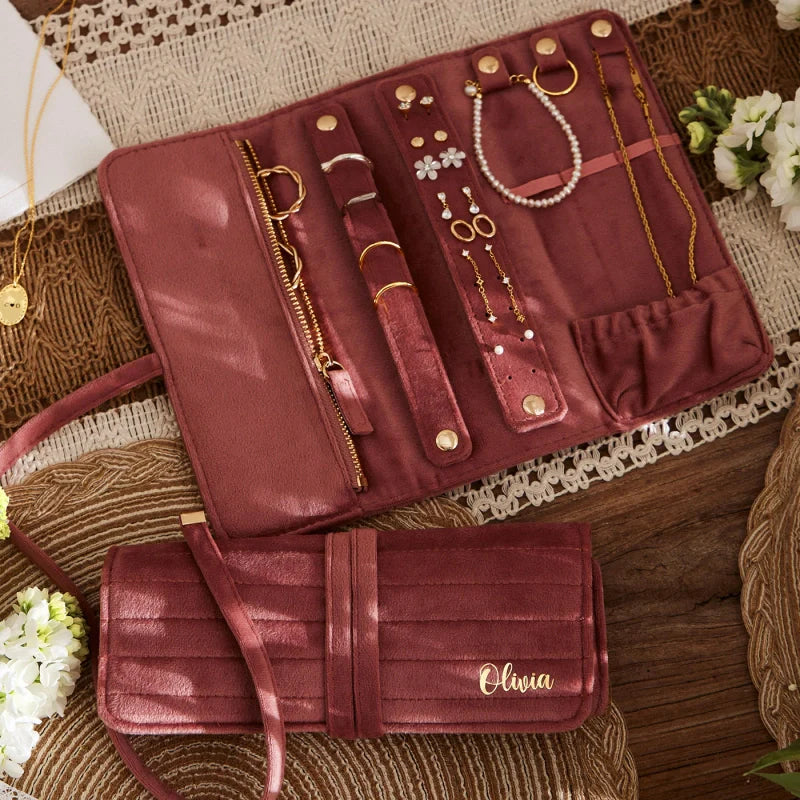 Personalized Velvet Jewelry Roll – Monogram Travel Jewelry Organizer for Bridesmaids, Weddings & Gifts for Her