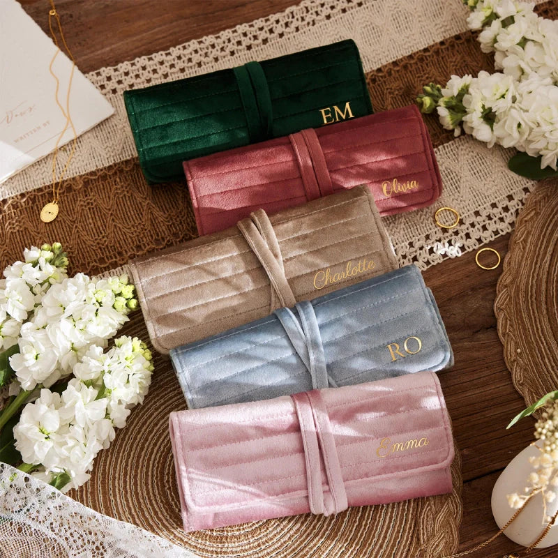 Personalized Velvet Jewelry Roll – Monogram Travel Jewelry Organizer for Bridesmaids, Weddings & Gifts for Her