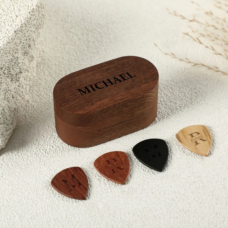 Personalized Wooden Guitar Pick Box – Custom Engraved Pick Holder Gift for Guitarists & Musicians