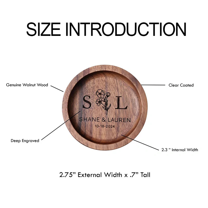 Personalized Wooden Ring Dish – Engraved Walnut Ring Holder, Custom Engagement & Wedding Gift, Anniversary Jewelry Tray for Her