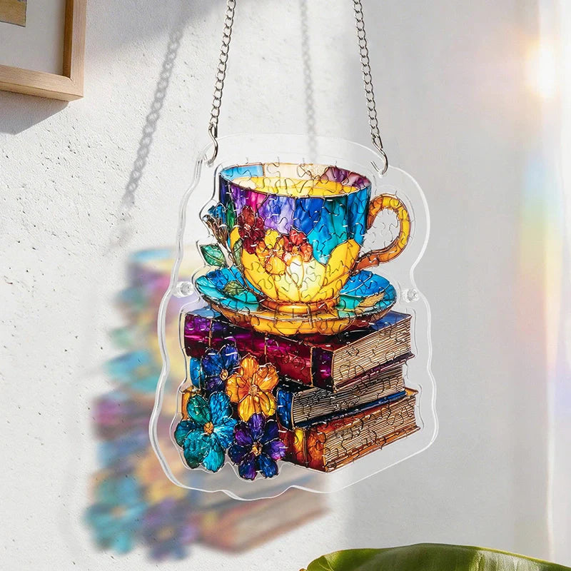 Radiant Bloom Teacup Acrylic Suncatcher Puzzle– Light Catching Window Art & Relaxing Home Decor Gift