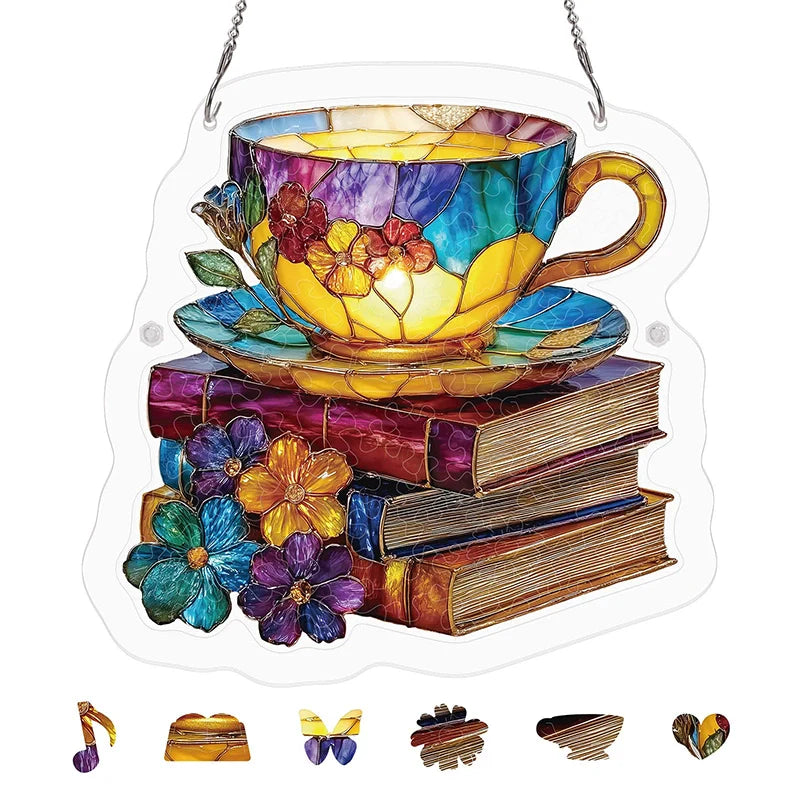 Radiant Bloom Teacup Acrylic Suncatcher Puzzle– Light Catching Window Art & Relaxing Home Decor Gift