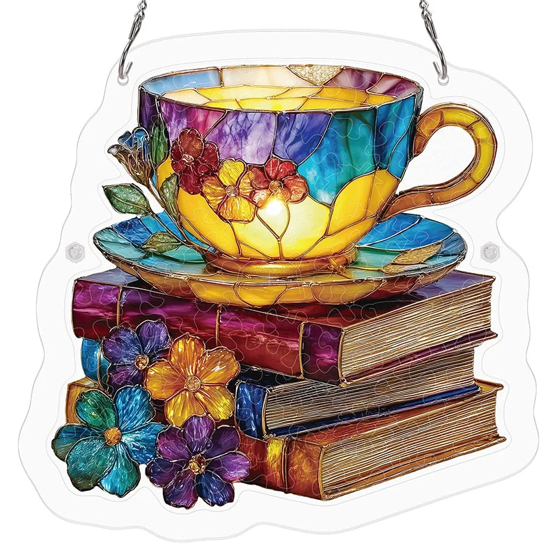 Radiant Bloom Teacup Acrylic Suncatcher Puzzle– Light Catching Window Art & Relaxing Home Decor Gift