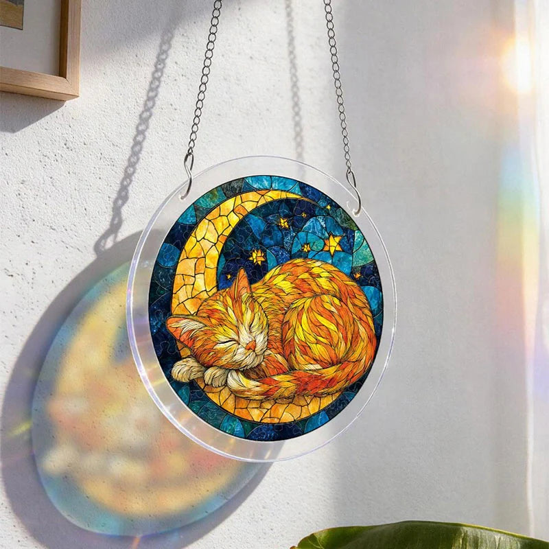 Starry Moon Cat Acrylic Suncatcher – Celestial Night Window Hanging Decor