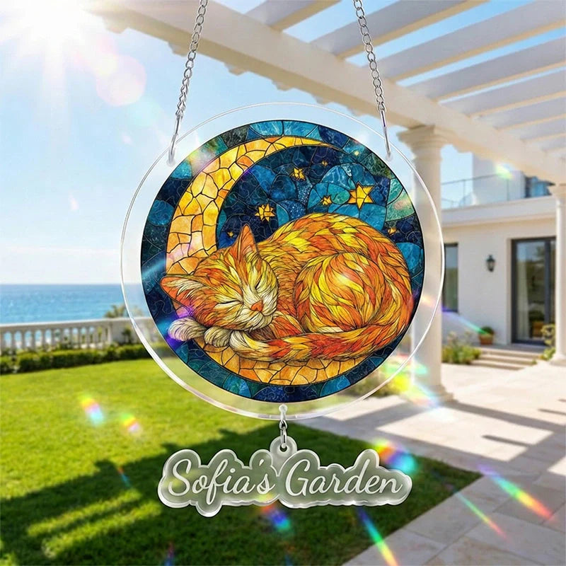 Starry Moon Cat Acrylic Suncatcher – Celestial Night Window Hanging Decor