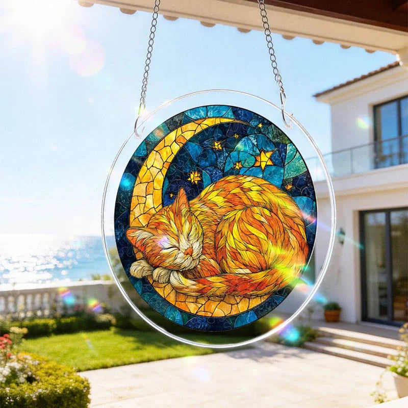 Starry Moon Cat Acrylic Suncatcher – Celestial Night Window Hanging Decor