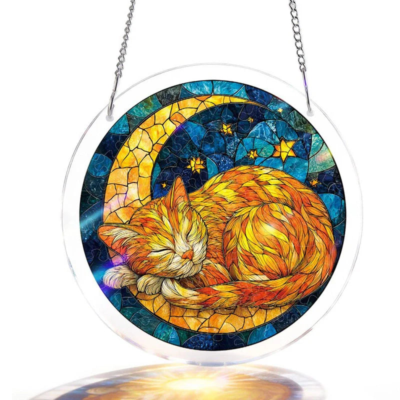 Starry Moon Cat Acrylic Suncatcher – Celestial Night Window Hanging Decor