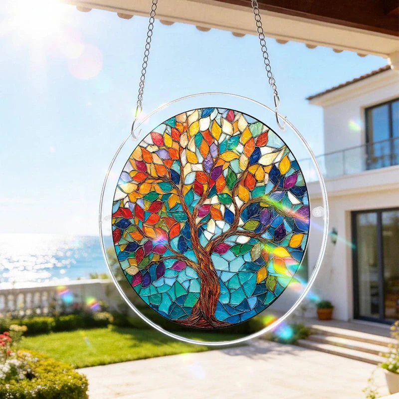 Tree of Luminous Leaves Acrylic Suncatcher – Radiant Tree of Life Window Hanging Decor