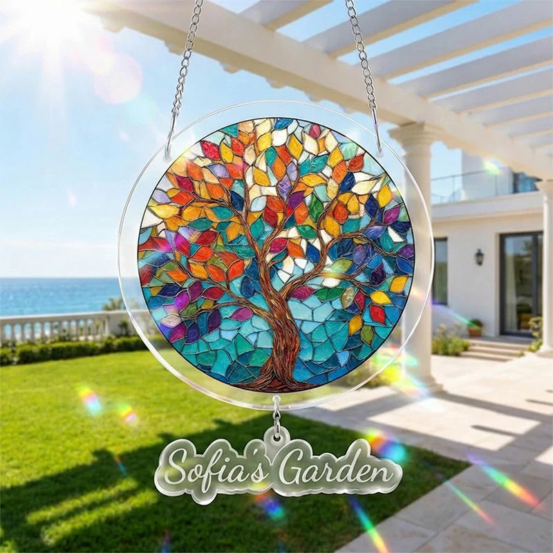 Tree of Luminous Leaves Acrylic Suncatcher – Radiant Tree of Life Window Hanging Decor