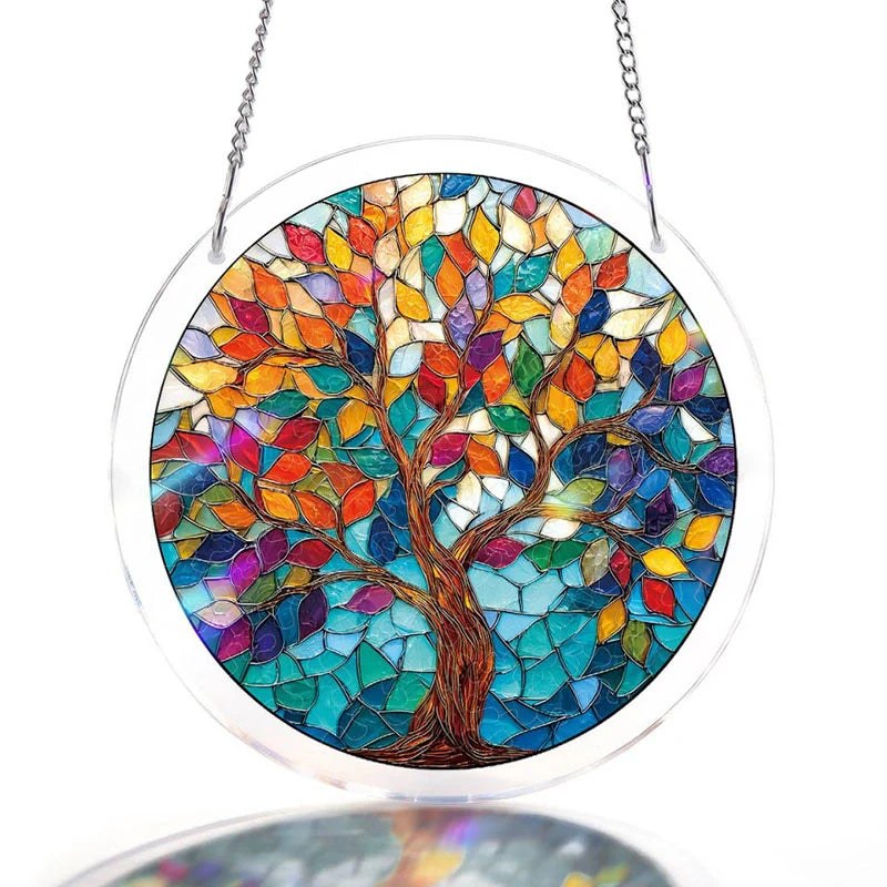 Tree of Luminous Leaves Acrylic Suncatcher – Radiant Tree of Life Window Hanging Decor